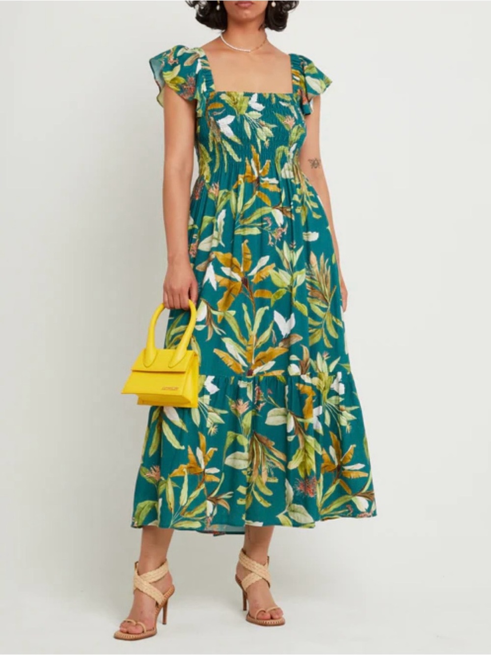 Few Moda Cotton/Linen Teal Tropical Print Square-Neck Midi Dress.Size M